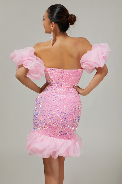 Sparkly Pink Sequins Tight Short Homecoming Dress with Detachable Sleeves