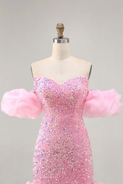 Sparkly Pink Sequins Tight Short Homecoming Dress with Detachable Sleeves