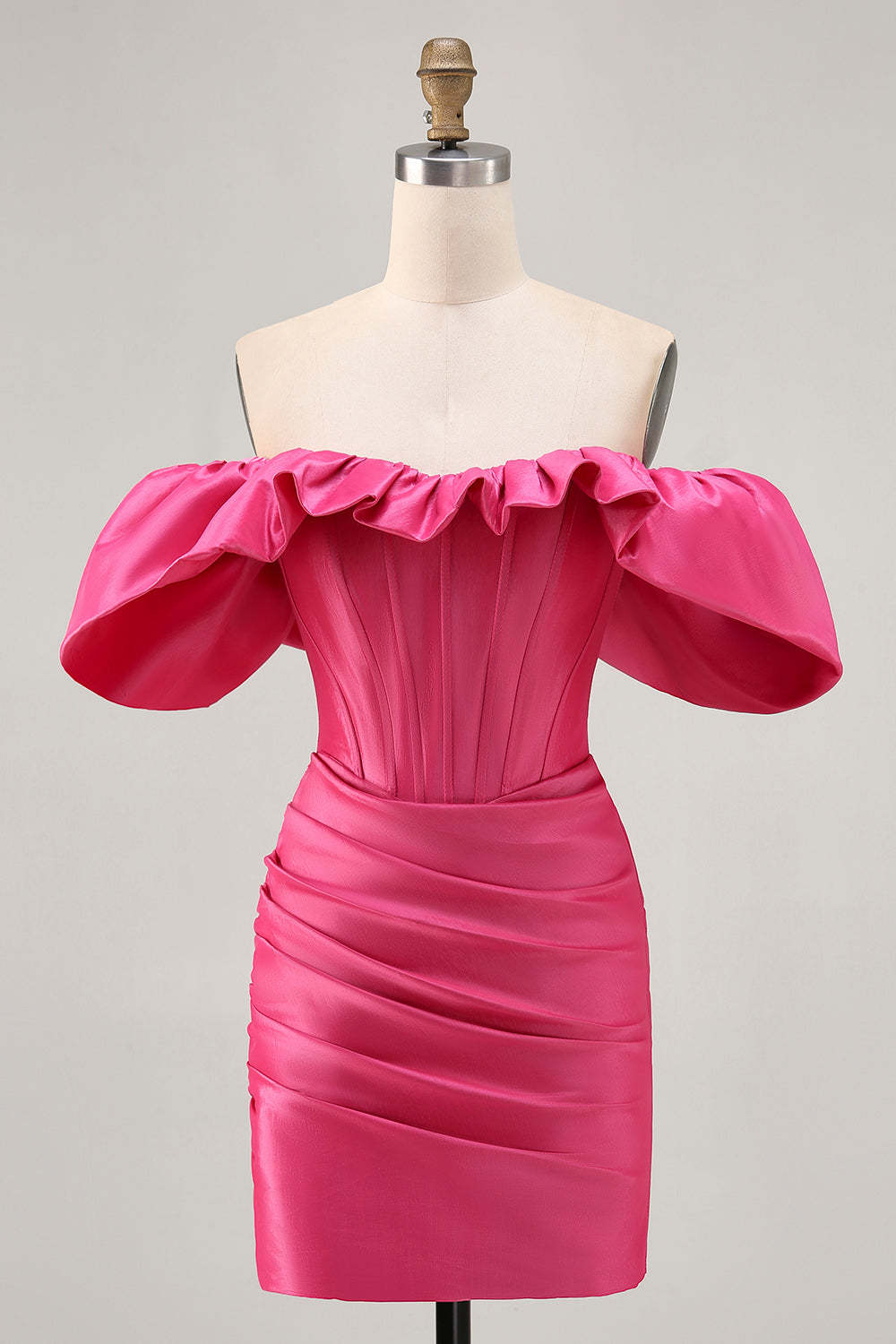 Leely Women Fuchsia Tight Short Corset Homecoming Dress with Ruffles Satin Ruched Off the Shoulder Cocktail Dress