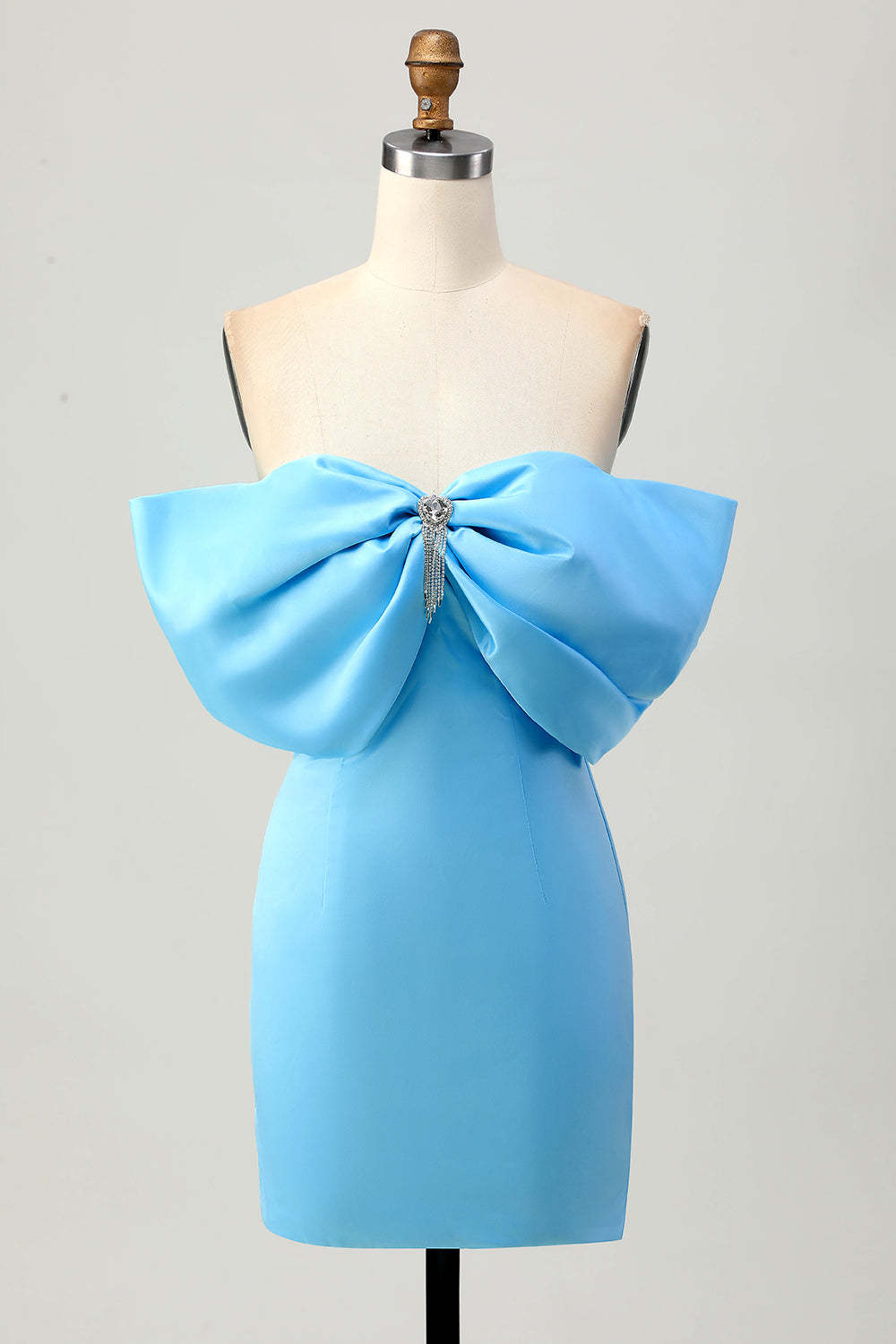 Leely Women Blue Satin Tight Short Homecoming Dress with Bow Strapless Lace Up Back Cocktail Dress with Rhinestone