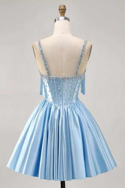 Sparkly Blue Bow Corset A Line Short Homecoming Dress with Rhinestones