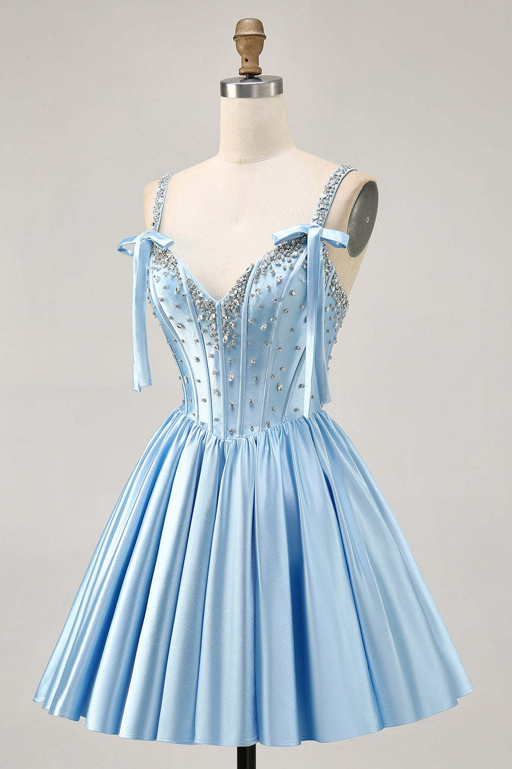 Sparkly Blue Bow Corset A Line Short Homecoming Dress with Rhinestones