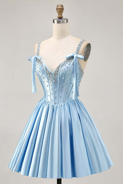 Sparkly Blue Bow Corset A Line Short Homecoming Dress with Rhinestones