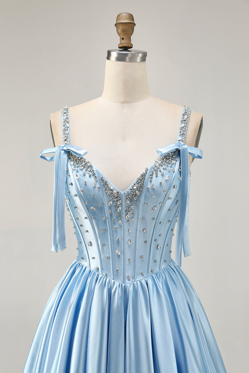 Sparkly Blue Bow Corset A Line Short Homecoming Dress with Rhinestones