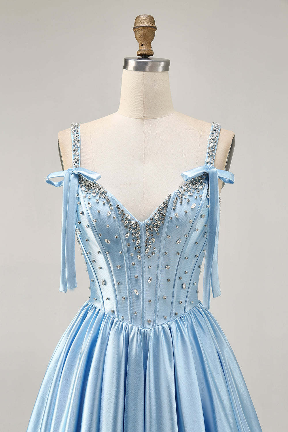 Sparkly Blue Bow Corset A Line Short Homecoming Dress with Rhinestones