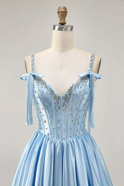 Sparkly Blue Bow Corset A Line Short Homecoming Dress with Rhinestones