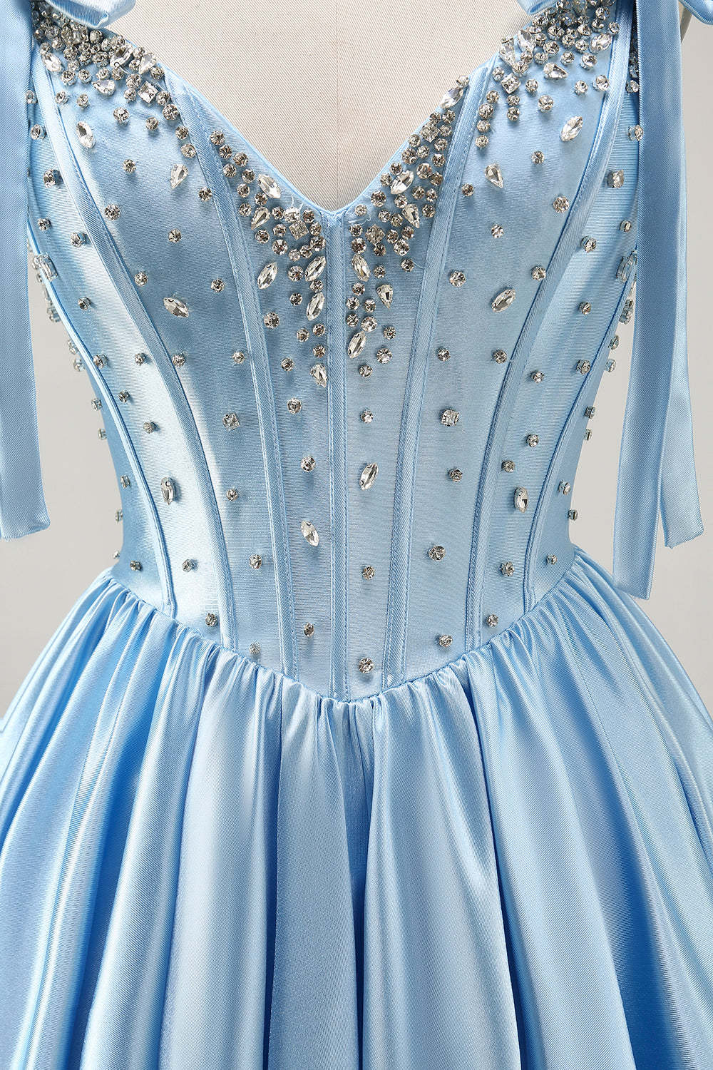 Sparkly Blue Bow Corset A Line Short Homecoming Dress with Rhinestones