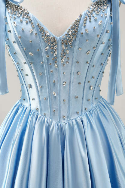 Sparkly Blue Bow Corset A Line Short Homecoming Dress with Rhinestones