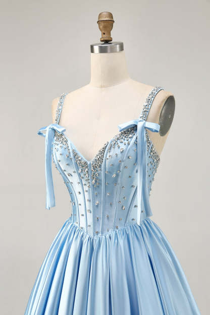 Sparkly Blue Bow Corset A Line Short Homecoming Dress with Rhinestones