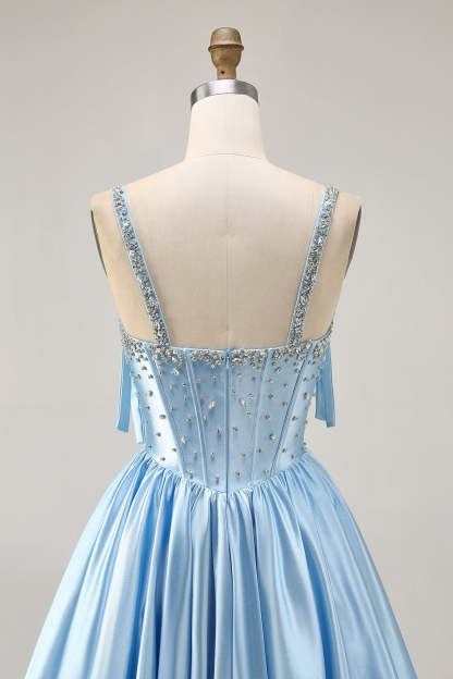 Sparkly Blue Bow Corset A Line Short Homecoming Dress with Rhinestones