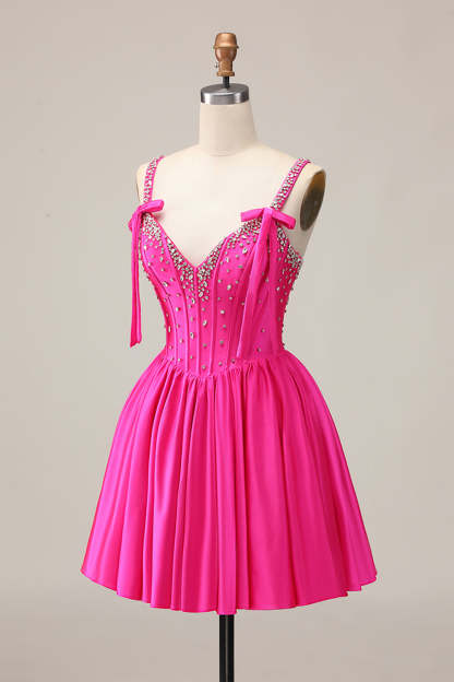 Sparkly Blue Bow Corset A Line Short Homecoming Dress with Rhinestones