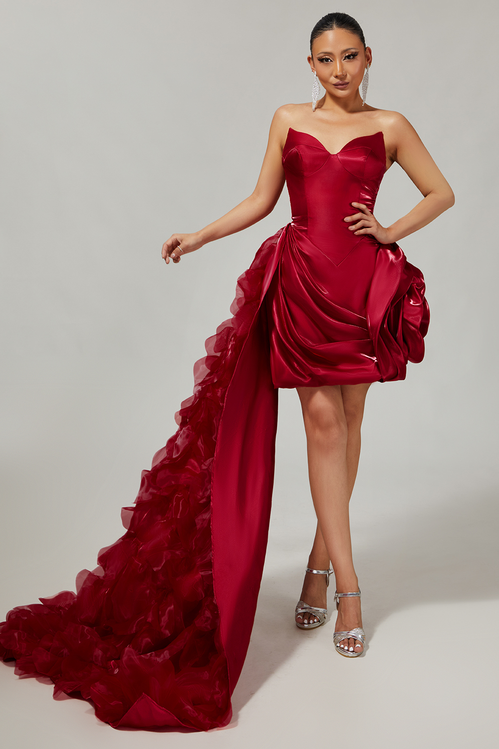 Burgundy Satin 3D Flower Tight Short Homecoming Dress with Side Cape