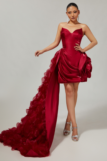 Burgundy Satin 3D Flower Tight Short Homecoming Dress with Side Cape