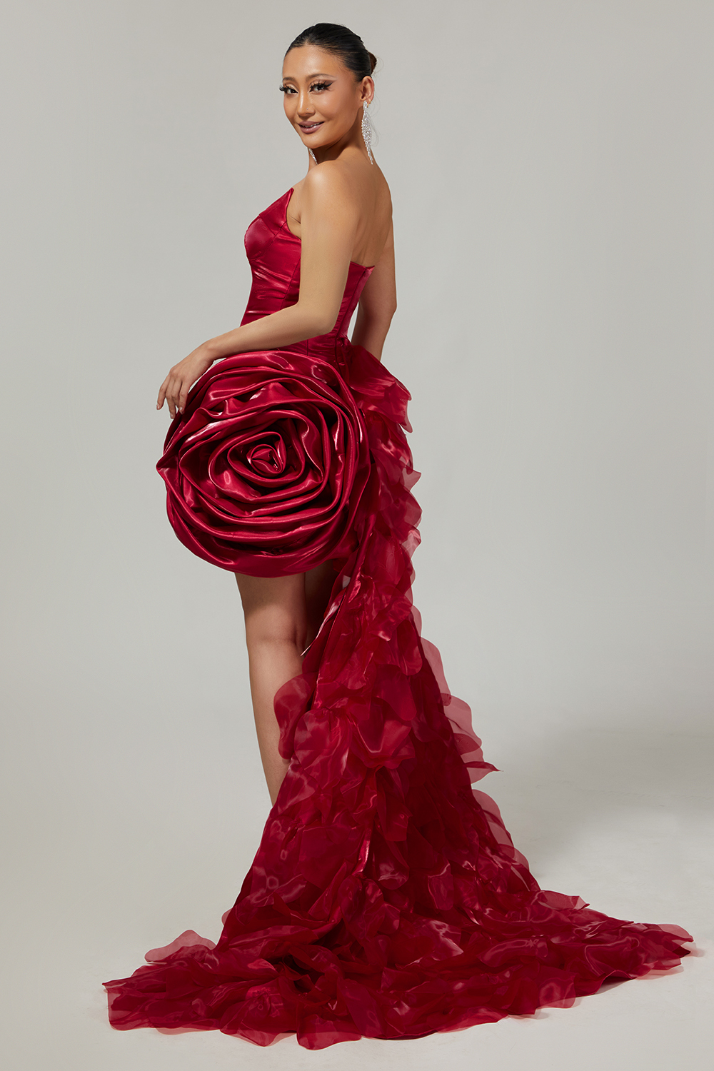 Burgundy Satin 3D Flower Tight Short Homecoming Dress with Side Cape