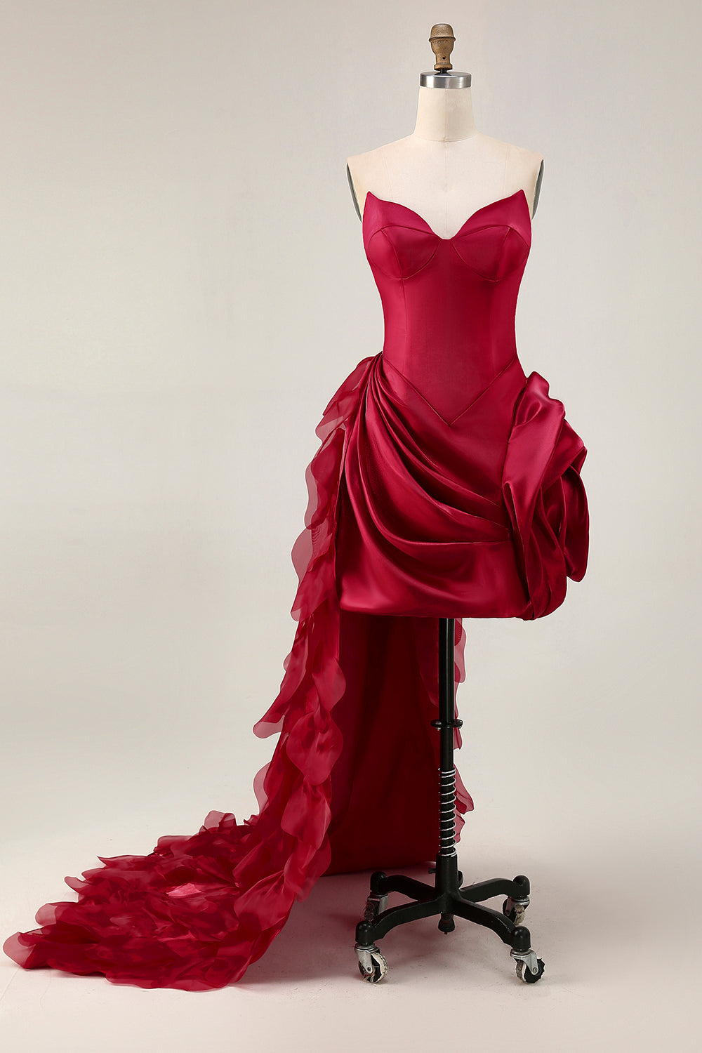 Burgundy Satin 3D Flower Tight Short Homecoming Dress with Side Cape