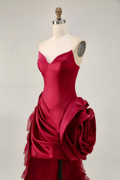Burgundy Satin 3D Flower Tight Short Homecoming Dress with Side Cape