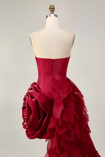 Burgundy Satin 3D Flower Tight Short Homecoming Dress with Side Cape