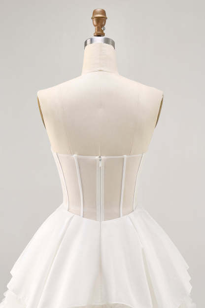 White Strapless Tiered Short Corset Homecoming Dress with Lace