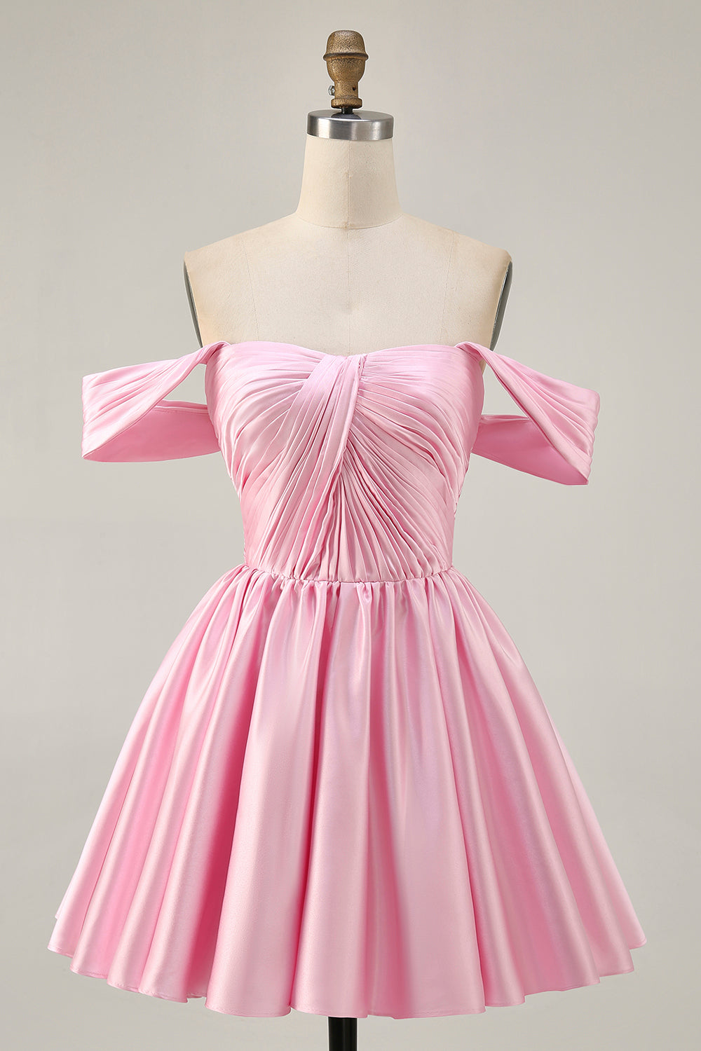 Leely Women Pink Satin Short Homecoming Dress Off the Shoulder Ruched A Line Cocktail Dress