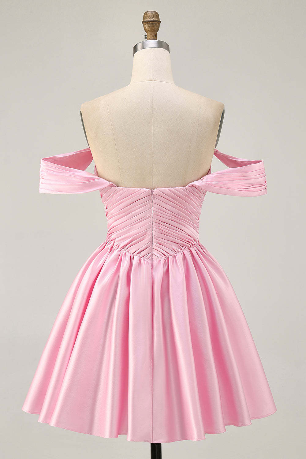 Pink Off the Shoulder Satin Ruched A Line Short Homecoming Dress