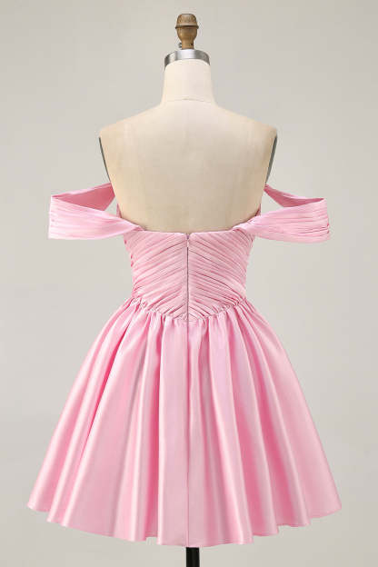 Pink Off the Shoulder Satin Ruched A Line Short Homecoming Dress