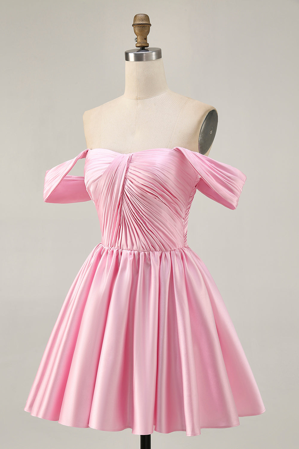 Pink Off the Shoulder Satin Ruched A Line Short Homecoming Dress