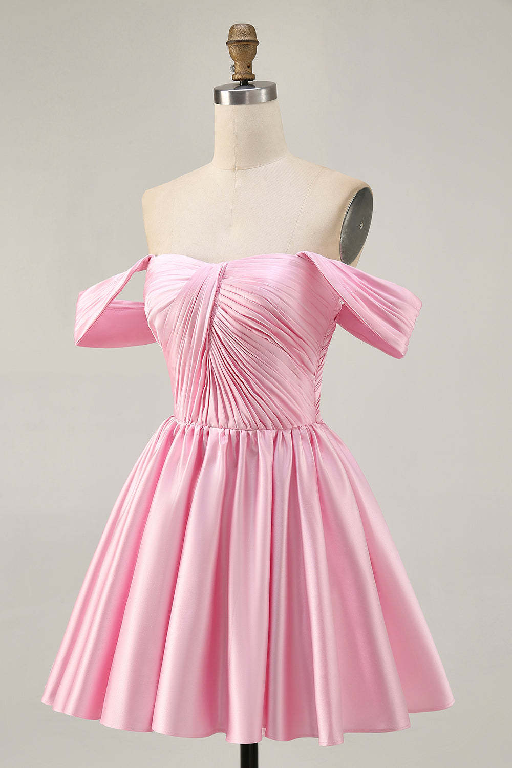Pink Off the Shoulder Satin Ruched A Line Short Homecoming Dress