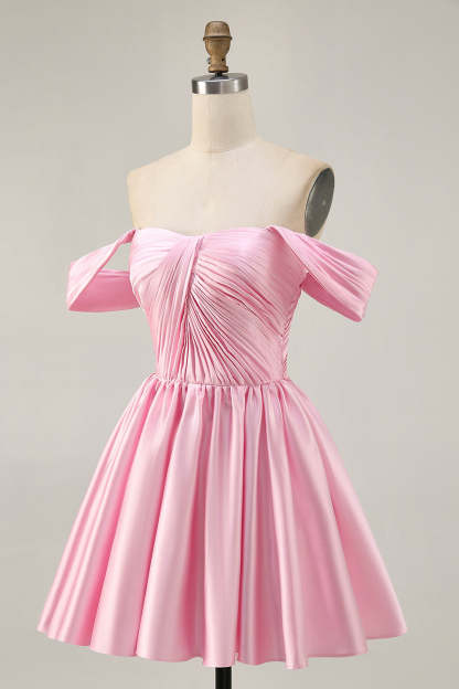 Pink Off the Shoulder Satin Ruched A Line Short Homecoming Dress
