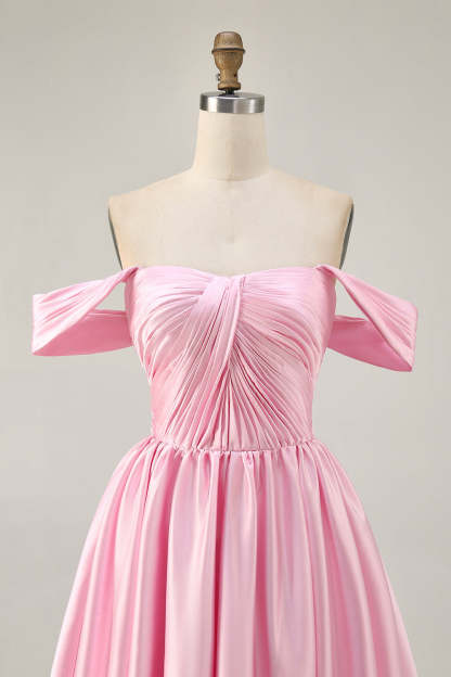 Pink Off the Shoulder Satin Ruched A Line Short Homecoming Dress