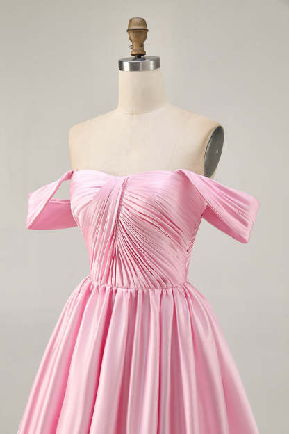Pink Off the Shoulder Satin Ruched A Line Short Homecoming Dress