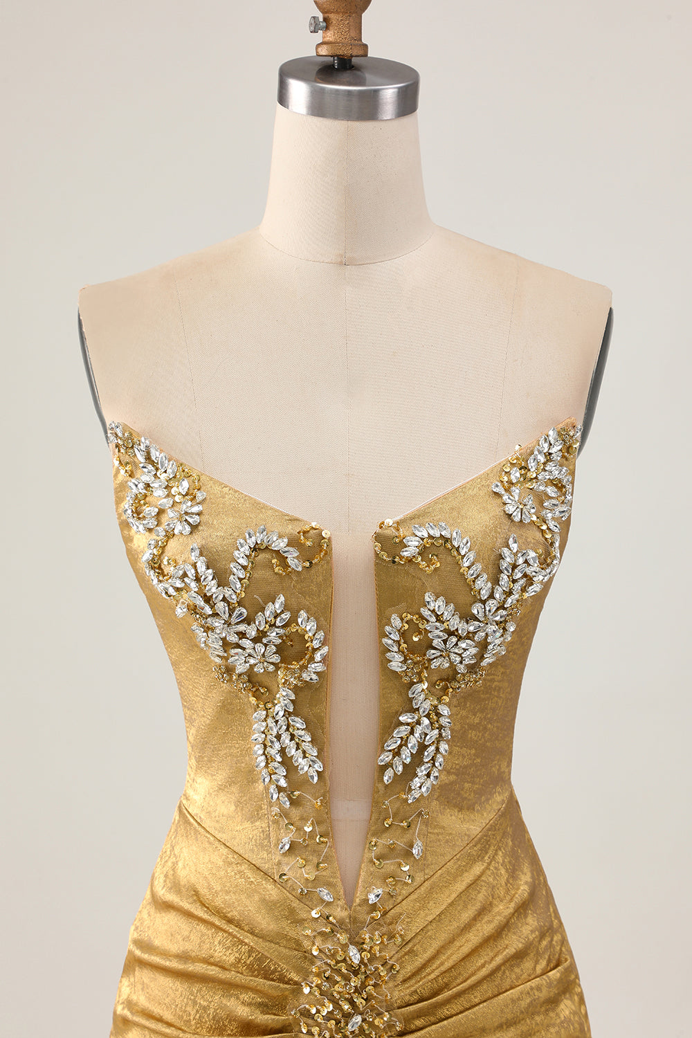 Sparkly Golden Strapless Ruched Short Tight Homecoming Dress with Beading