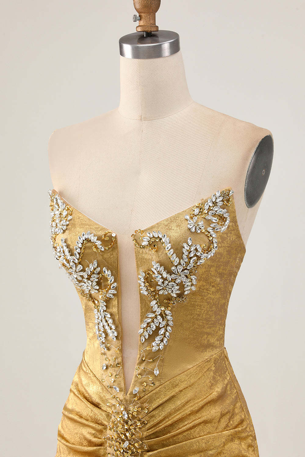 Sparkly Golden Strapless Ruched Short Tight Homecoming Dress with Beading