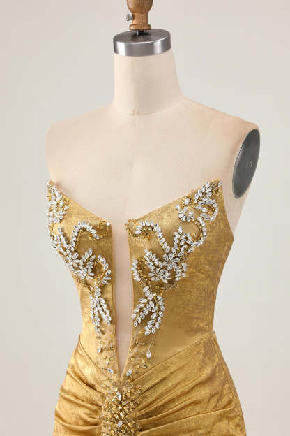 Sparkly Golden Strapless Ruched Short Tight Homecoming Dress with Beading