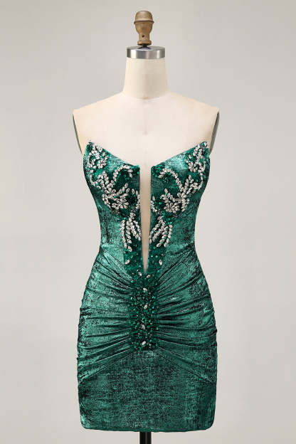 Sparkly Golden Strapless Tight Short Homecoming Dress with Rhinestones