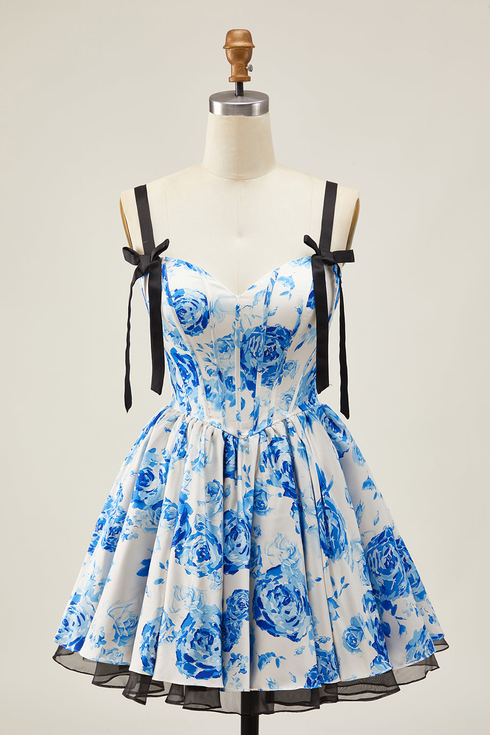 White Blue Corset Floral Spaghetti Straps A Line Short Homecoming Dress with Bow