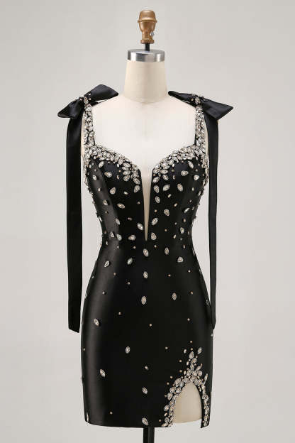 Sparkly Black Satin Rhinestones Tight Short Homecoming Dress