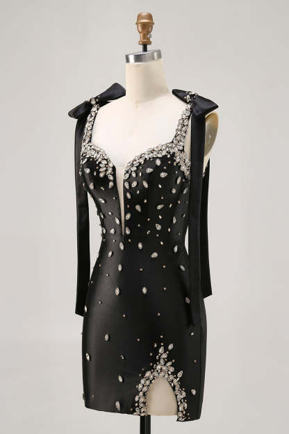 Sparkly Black Satin Rhinestones Tight Short Homecoming Dress