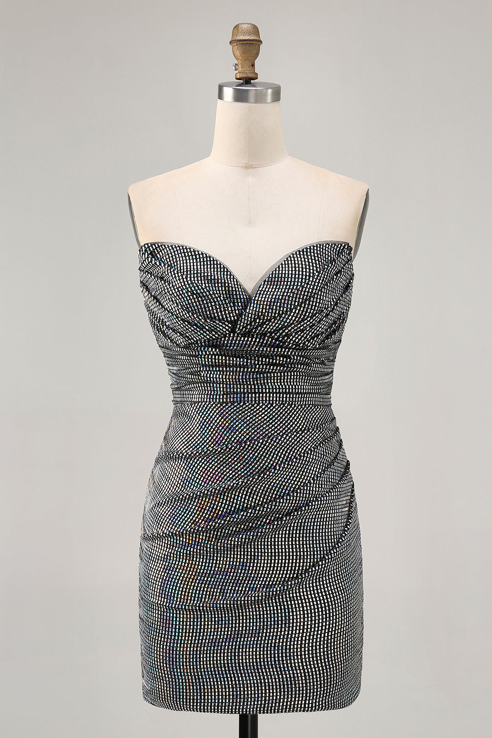 Leely Women Sparkly White Silver Sequined Short Homecoming Dress Ruched Tight Strapless Cocktail Dress