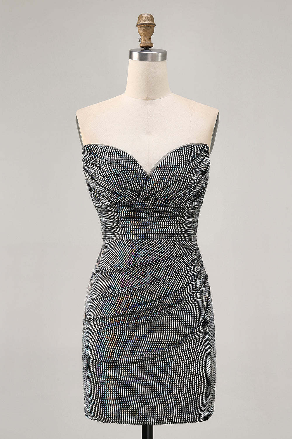 Leely Women Sparkly White Silver Sequined Short Homecoming Dress Ruched Tight Strapless Cocktail Dress