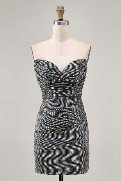 Leely Women Sparkly White Silver Sequined Short Homecoming Dress Ruched Tight Strapless Cocktail Dress