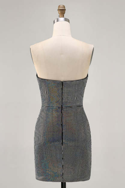 White Silver Strapless Sparkly Sequined Ruched Tight Short Homecoming Dress