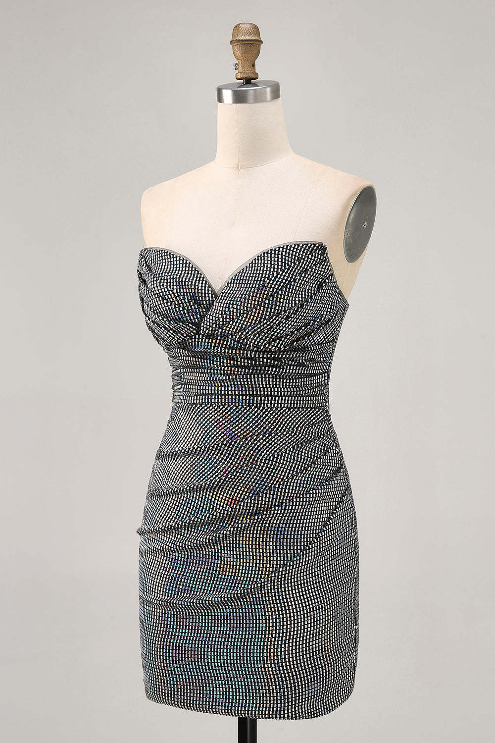 White Silver Strapless Sparkly Sequined Ruched Tight Short Homecoming Dress