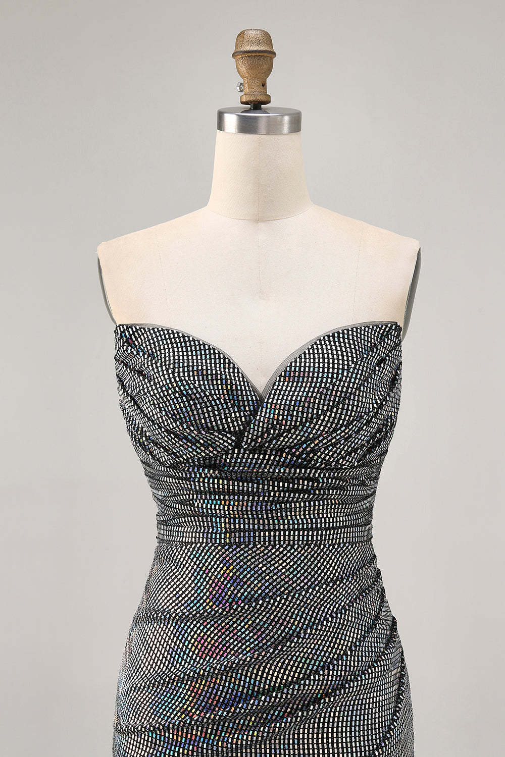 White Silver Strapless Sparkly Sequined Ruched Tight Short Homecoming Dress