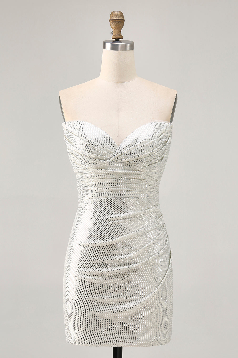 White Silver Strapless Sparkly Sequined Ruched Tight Short Homecoming Dress