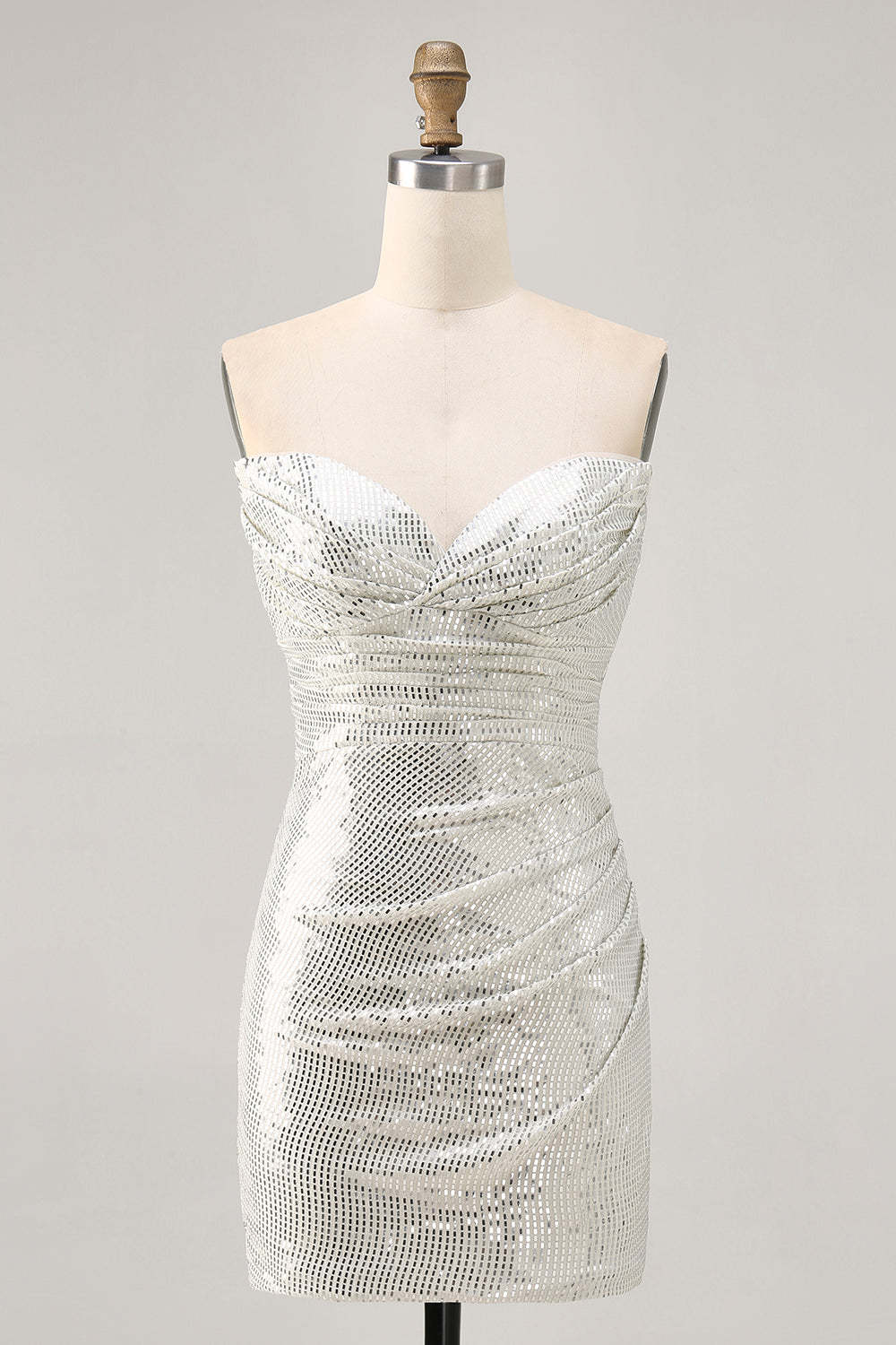 White Silver Strapless Sparkly Sequined Ruched Tight Short Homecoming Dress