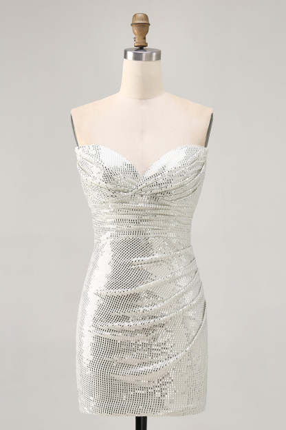 White Silver Strapless Sparkly Sequined Ruched Tight Short Homecoming Dress