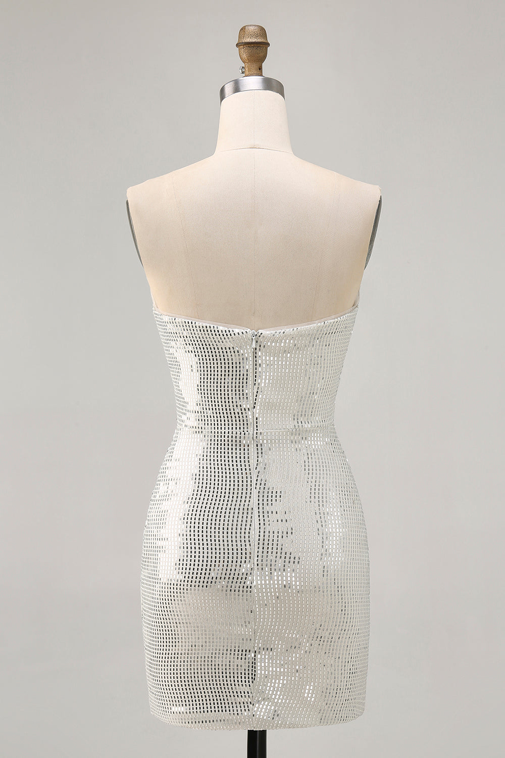 White Silver Strapless Sparkly Sequined Ruched Tight Short Homecoming Dress