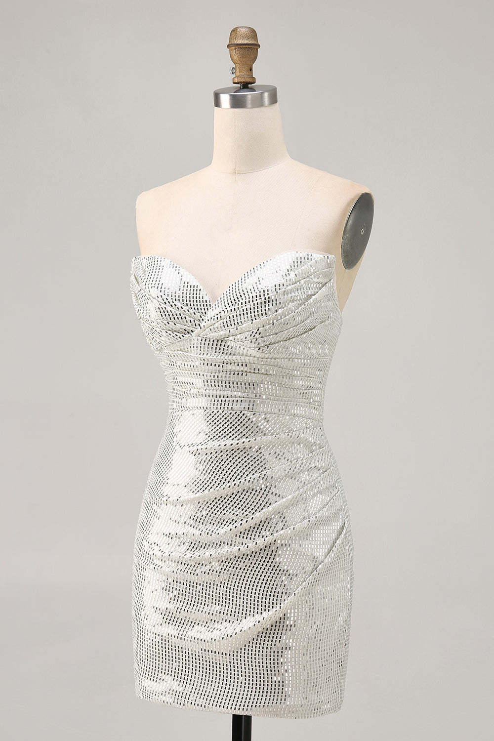 White Silver Strapless Sparkly Sequined Ruched Tight Short Homecoming Dress