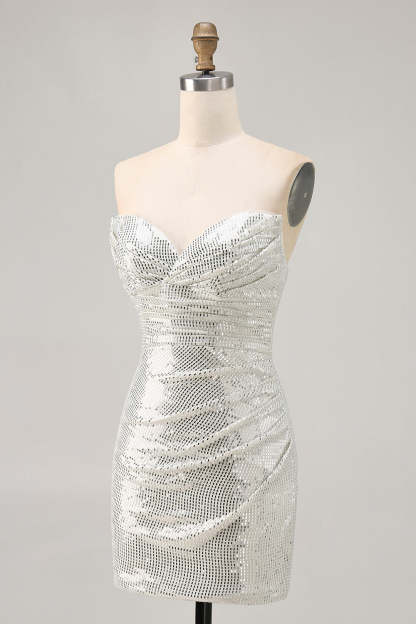 White Silver Strapless Sparkly Sequined Ruched Tight Short Homecoming Dress