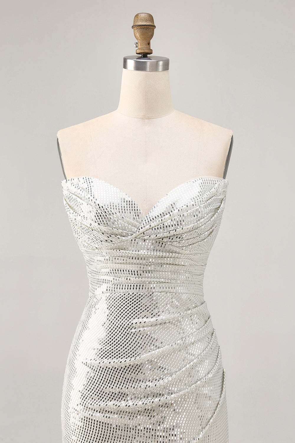 White Silver Strapless Sparkly Sequined Ruched Tight Short Homecoming Dress